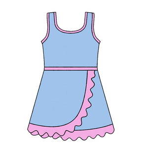 Robe GSD4144 personnalisée pour petite fille, bleu uni avec bordure rose, vente en gros, robe athlétique sans manches pour bébé fille, robe à volants pour enfant - Product Image 1