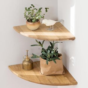 Estantes de esquina flotantes de madera maciza de roble de 2 piezas de 12 pulgadas, estante de exhibición de montaje en pared con orificio de alambre para dormitorio, cocina, sala de estar - Product Image 1