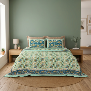 Juego de Sábanas con Estampado Floral Premium, Ropa de Cama India de Algodón Blanco con Fundas de Almohada, Tamaño Queen/King, Estilo Boho Hecho a Mano - Product Image 3