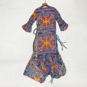 Vestido Maxi Bohemio con Estampado Floral Étnico Naranja y Azul <span class=keywords><strong>para</strong></span> Mujer, Manga Campana, Cintura Ajustable con Lazada, Decoración con Cuentas - Product Image 3