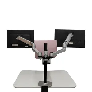 Support d'ordinateur portable réglable en hauteur en aluminium argenté support de moniteur portable ergonomique double bras de montage de moniteur d'ordinateur portable