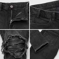 Jean skinny homme en coton stretch déchiré aux genoux, avec cordon de serrage, denim délavé noir, style streetwear