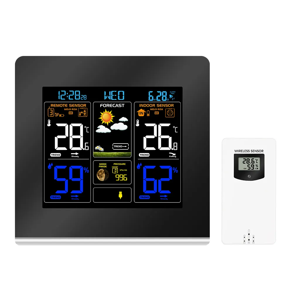 PT3379C digital weather forecast temperature and humidity clock with usb cable and plug alarm,snooze