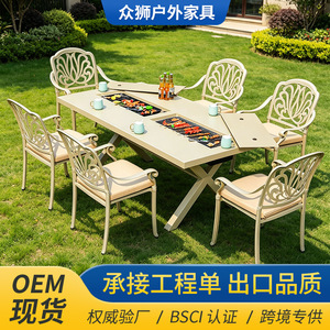 Outdoor Garden Set Cast <b>Aluminum</b> <b>Table</b> With Double Grill 6 Seating Capacity Durable Outdoor Furniture Contemporary Design - Product Image 2