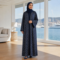 Abaya personnalisée ODM en tricot bleu marine pour femme, motif quadrillé, devant ouvert, manches longues, robe kaftan musulmane, tenue modeste du Moyen-Orient, OEM