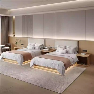 Low Price Hotel Bedroom <b>Set</b> Double <b>Single</b> <b>Bed</b> with Soft Headboard Bedside Table TV Wall Unit Storage Desk for 3 Star Chain Hotel - Product Image 1