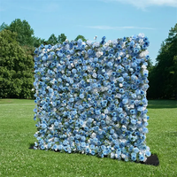 MoKtong Blaue Blumenwand-Kulisse 8x8 ft 5D Roll-up mit Echt Aussehenden Seidenrosen Hortensien Grünzeug für Hochzeit Party Dekoration