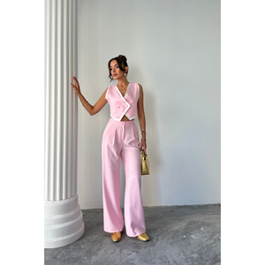 Conjunto de Pantalones y Chaleco Corto Rosa con Ribete Asimétrico para Mujer, Talla S - Product Image 1