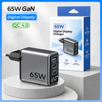 Adaptateur de chargeur mural compact de voyage 65W GaN 3 ports Type-C à charge rapide avec affichage numérique PD QC ignifuge