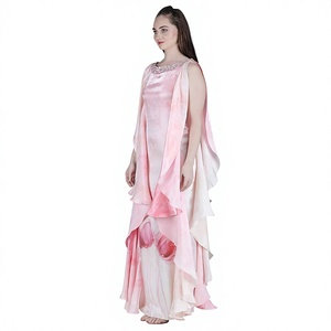 Vestido de noche de sirena rosa de gasa con cuello alto, largo hasta el suelo, con ilusión transparente y mangas regulares - Product Image 1