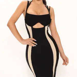 Halter Neck Thin Strap Bodycon Backless Hollow Out Midi Women Dress Colors Contrast Casual Dresses 2023 Spring Clothes
