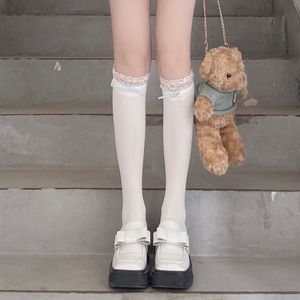 Cute White Lace Trim Knee <b>Socks</b> With Bow For Women Youth Schoolgirl Style Breathable Sweat Absorbing <b>Polyester</b> Fiber - Product Image 3