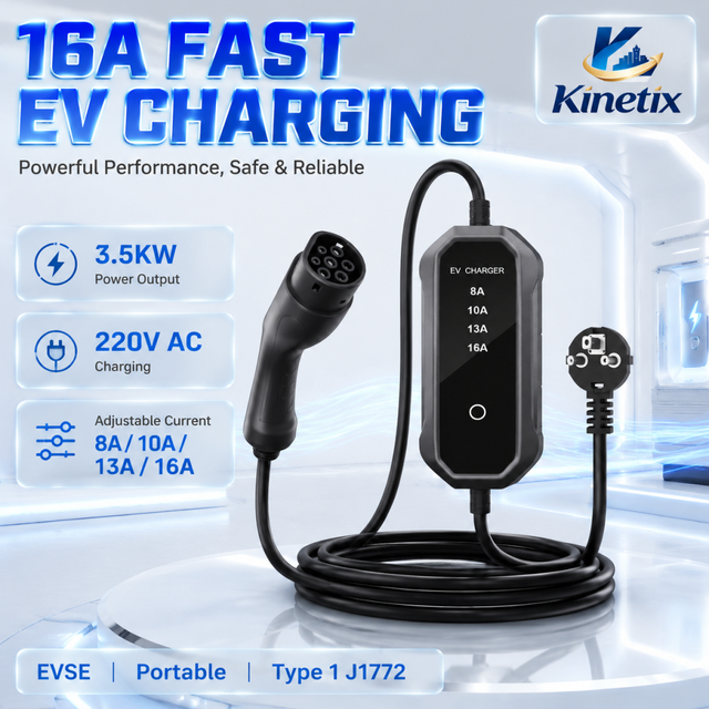 New Kinetix 16A 3.5kW Portable EV Charger Type 1 J1772 Level 2 Adjustable Current 220V 5m Cable for North America EV