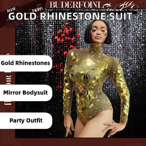 Combinaison de danse orientale pour femme, ornée de strass dorés brillants et de miroirs, tenue de fête d'anniversaire, de spectacle pour chanteuse de bar DS - Product Image 2