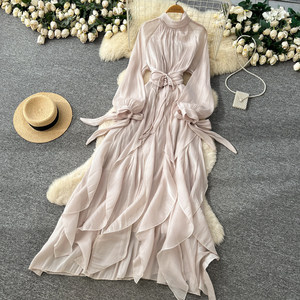 <strong>Romantic</strong> Bow <strong>Dress</strong> Women Long Sleeve Ruffle Hem Knit Waist Tie Elegant Gown Fall Winter Fashion - Product Image 6
