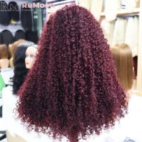 Perruque bouclée bordeaux 99J en cheveux brésiliens vierges Remy, closure en dentelle HD transparente 5x5, pré-épilée, sans colle, densité 250%