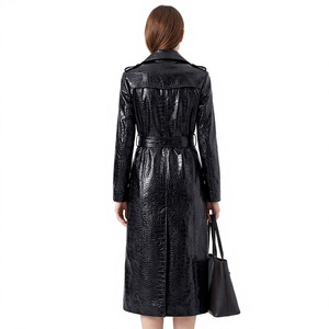 <b>Women</b> Genuine Leather Trench <b>Coat</b> Long Double Breasted With <b>Belt</b> Notched Collar Elegant Autumn Solid Color - Product Image 3