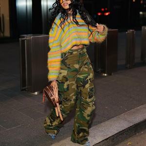 Jean cargo taille haute pour femme grande taille, respirant, camouflage, style décontracté, brodé, en denim - Product Image 1