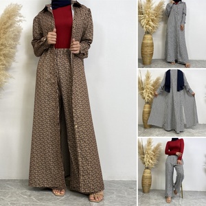 6674# New Fashion Print Satin Set Full Button Long Cardigan and Pocket Pant Muslim Women 2pcs Abaya Sets 10 Colors - Product Image 3
