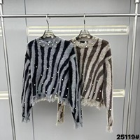 Original Perlenbesetzter Faux-Mohair Colorblock-Pullover mit Rohkante, Extra Lange Ärmel, Rundhalsausschnitt für Herbst & Winter