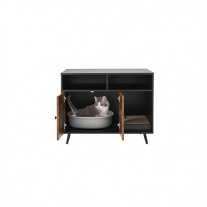 Enclos pour litière de chat avec compartiment de rangement, design moderne en bois pour chats d'intérieur, petite taille, noir et marron - Product Image 1