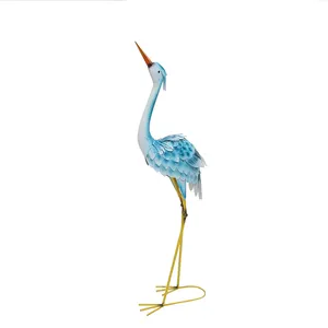 MR Crane Taman Patung Biru Heron Umpan Logam Burung Halaman Seni untuk Kolam Luar Ruangan Rumput Teras Dekorasi 42.5 "Tinggi