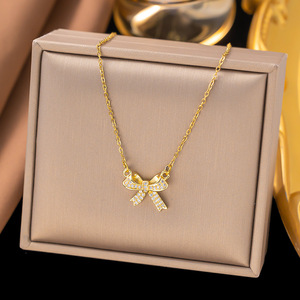 High Quality Stainless Steel <b>Chain</b> Bow Charm Necklace <b>Iced</b> <b>Out</b> Micro Pave Cubic Zirconia Bow Pendant Necklace - Product Image 2