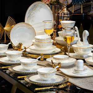 Bone China <b>Dinnerware</b> Sets Ceramic Dishes Luxury Golden Plates and Bowls Set 62pcs Tableware - Product Image 3