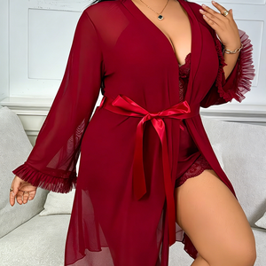 Robe <span class=keywords><strong>de</strong></span> <span class=keywords><strong>nuit</strong></span> fluide en maille rouge à bretelles spaghetti et ourlet en dentelle pour femmes rondes 2026, avec nœud décoratif pour des nuits romantiques - Product Image 6