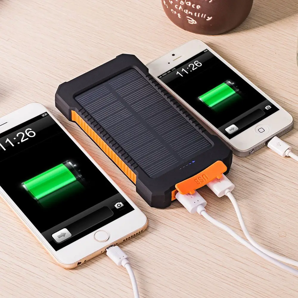 10000mah Solar Power Bank Waterproof Solar Charger 2 Usb Ports Travel External Charger Powerbank With Compasses LED Light