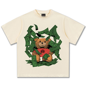Camiseta de manga corta para <span class=keywords><strong>hombre</strong></span>, estilo vintage americano, lavada, de peso pesado, con estampado directo, diseño de oso de peluche transfronterizo - Product Image 5