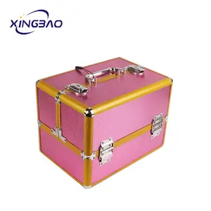 Bolsas de maquiagem em alumínio, caixa de maquiagem para carregar cosméticos, organizador de artistas, com fechadura de chave e 4 bandejas, estojo de maquiagem rosa