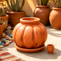 Pot de fleurs décoratif en résine en forme de citrouille, fait main et peint à la main, finition terre cuite, avec soucoupe assortie, pour jardin et terrasse extérieurs