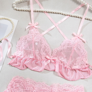 Nuevo producto, conjunto de lencería Sexy de tres piezas para niña, costura de encaje, liguero femenino, decoración bordada, método de tejido de <span class=keywords><strong>ganchillo</strong></span> - Product Image 3