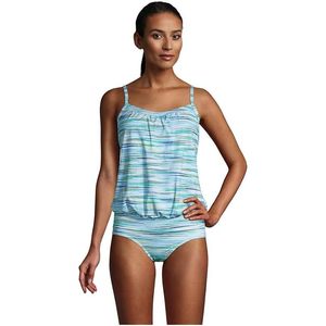 FOXA ชุดว่ายน้ำผู้หญิงแบบ Blouson Tankini ชุดควบคุมหน้าท้อง สายรัดปรับได้ ชุด 2 ชิ้น คอระบาย พิมพ์ลายดิจิตอล - Product Image 1