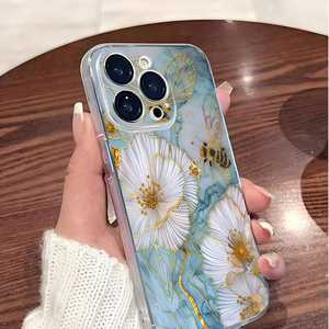 เคสโทรศัพท์มือถือลายดอกไม้สีขาวลาย<span class=keywords><strong>ผึ้ง</strong></span>พิมพ์ลาย Art Gold Line  วัสดุ TPU นิ่มใส สำหรับ iPhone 11 12 13 14 15 16 17 Pro Max Air - Product Image 4