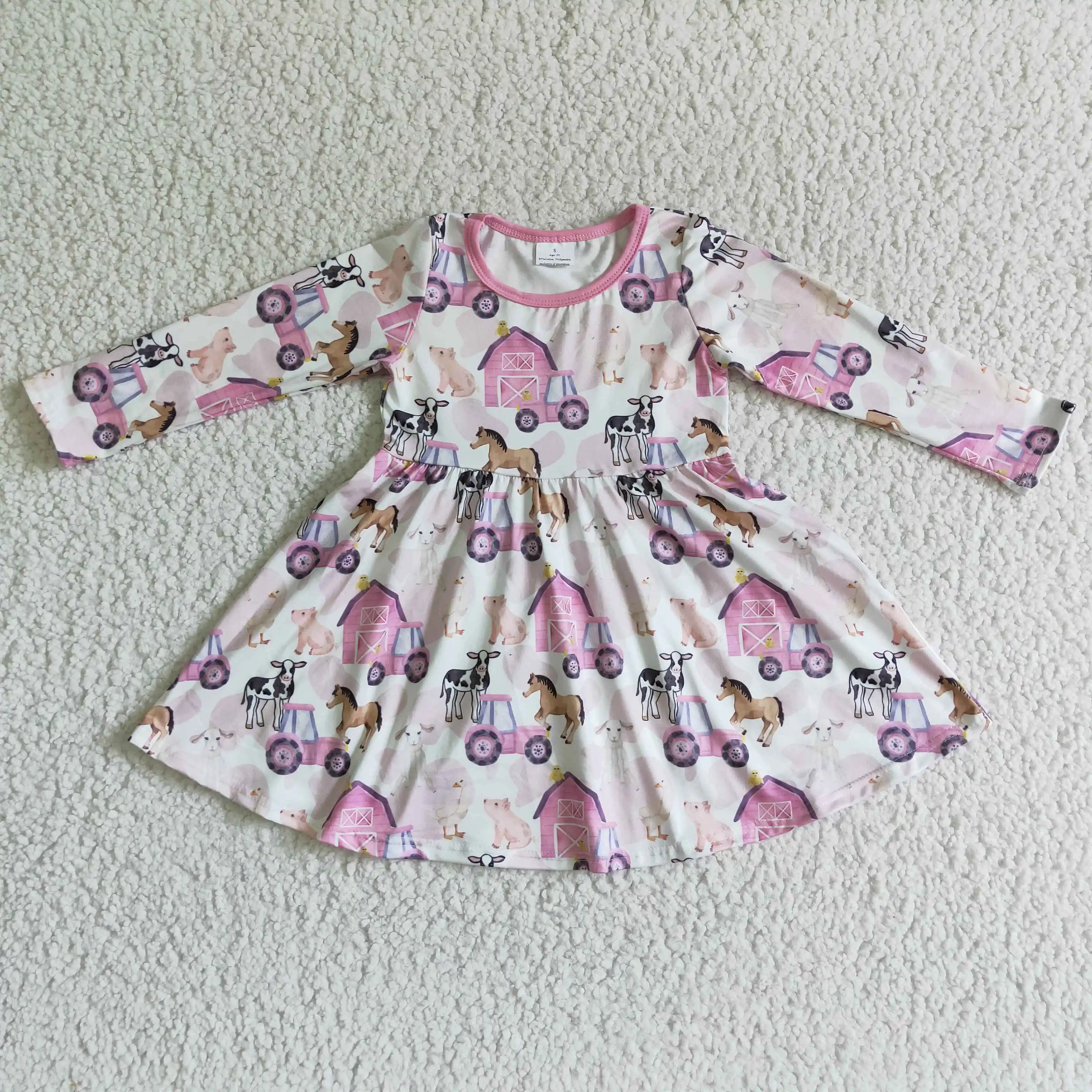 Girl Fashion Clothes Farm Girl Pink House Car Print Long Sleeve Dress Children's Fall Clothing Wholesale