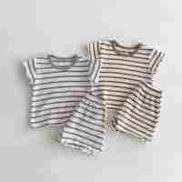 Summer Toddler New Kids 'Air-Conditioning Outfit Stripe Contrast Lace Trim Short Sleeve Baby Home Outdoor Set