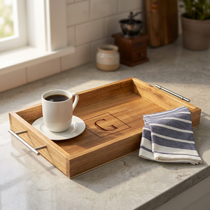 Plateau en bois personnalisé avec poignée Initiales gravées personnalisées Parfait pour le petit déjeuner ou le service des repas avec style - Product Image 1