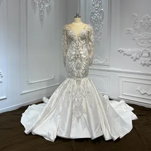 Harika boncuk kristaller leke Mermaid düğün elbisesi şapel tren uzun kollu Robe De mariee gelin kıyafeti LSCJ25-2