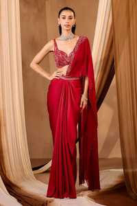 Conjunto de Saree Moderno con Adornos Hechos a Mano en Tela Satén y Drapeado, para Bodas, Fiestas y Festivales, al Mejor Precio - Product Image 3