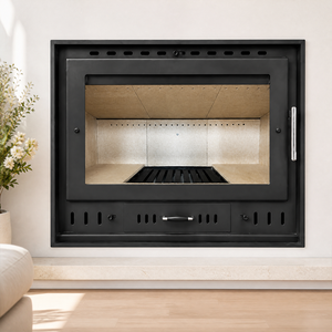 <span class=keywords><strong>Cheminée</strong></span> encastrée minimaliste à bois avec revêtement en briques réfractaires et verre panoramique transparent pour salon ouvert - Product Image 3