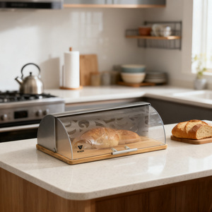 Boîte à pain en acier inoxydable avec planche à découper en bambou 38x27x14cm, rangement de cuisine pour pain frais - Product Image 4