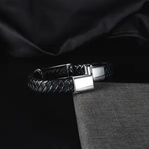 Hot Adjustable High Finish Custom Engrave Stainless Steel Magnet Anchor Braided Pu Leather Woven Bracelet For Men