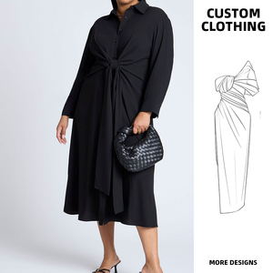 <span class=keywords><strong>Robe</strong></span> chemise noire sur mesure pour femmes grandes tailles, manches longues, boutonnée, longueur midi, avec détail <span class=keywords><strong>de</strong></span> nœud à nouer devant, <span class=keywords><strong>robe</strong></span> longue - Product Image 3