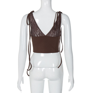 Cuello en V profundo Sexy Hottie Backless Slim Sexy Micro-elástico Color sólido Top corto de encaje con tirantes para mujer - Product Image 3