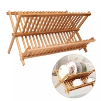 Rak pengering piring bambu bertingkat ganda, lemari dapur dapat dilipat, Pengering piring, tipe berdiri