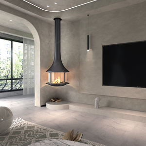 Cheminée suspendue centrale sur mesure, poêle moderne en bois avec bouclier en verre rond pour la maison - Product Image 4