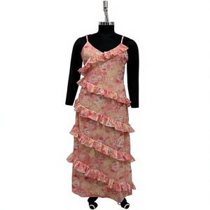 Pink Floral <b>Chiffon</b> <b>Maxi</b> <b>Dress</b> Ruffled Tiered Spaghetti Strap A-Line Summer Party <b>Dress</b> - Product Image 1