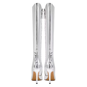 Sepatu bot Wanita hak Stiletto ujung runcing ritsleting kain berpayet tinggi lutut perak metalik seksi kustom mode - Product Image 5